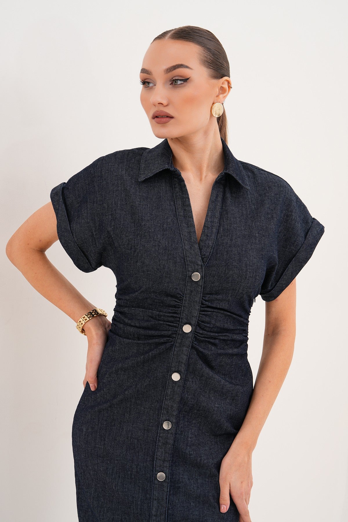 Ön Düğme Detaylı Kot Midi Elbise