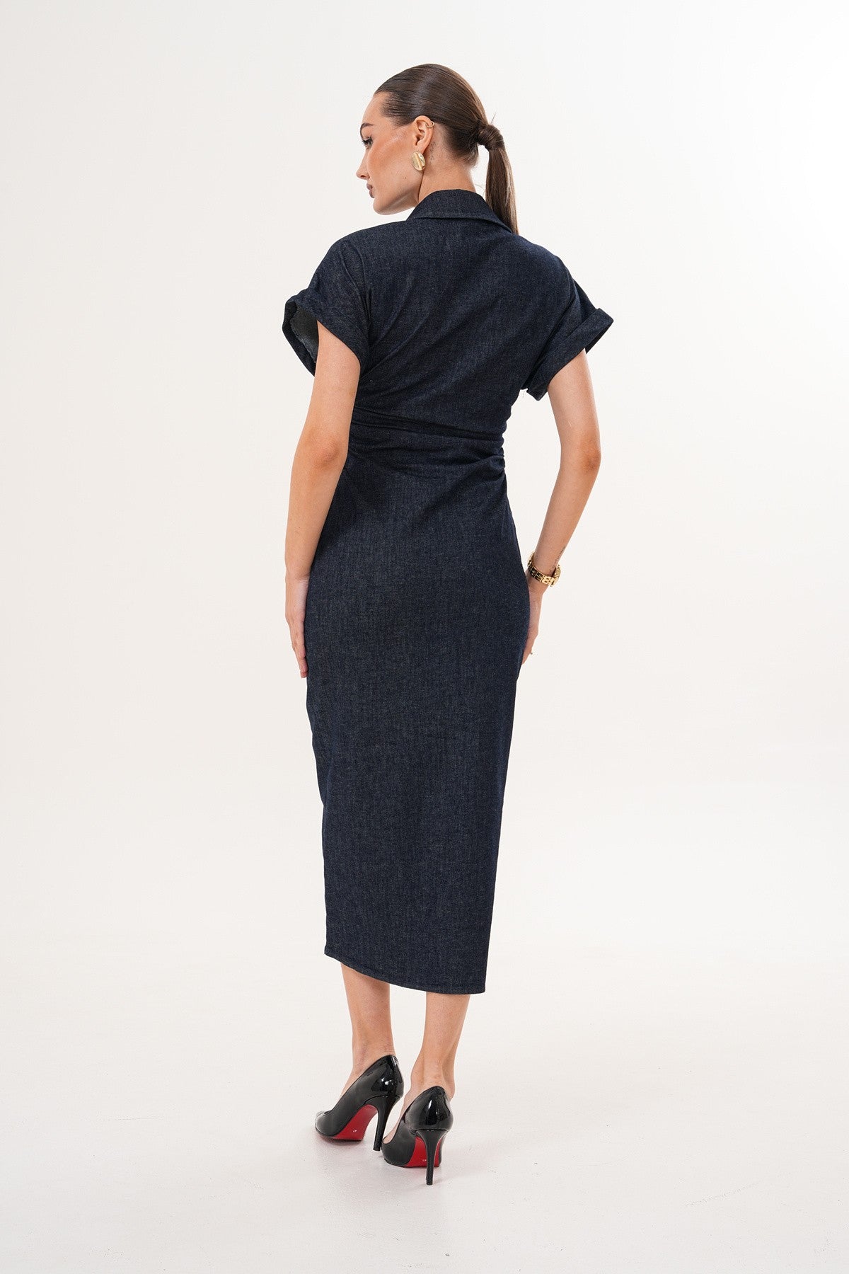 Ön Düğme Detaylı Kot Midi Elbise