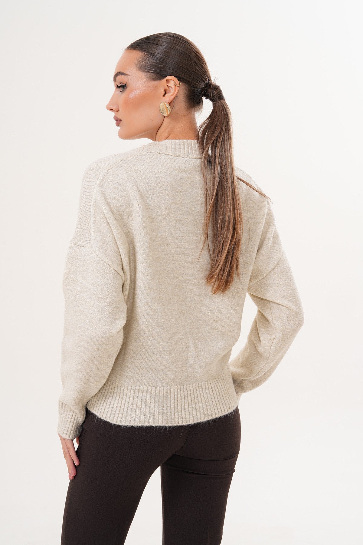 Oversize Bisiklet Yaka Krem Kazak