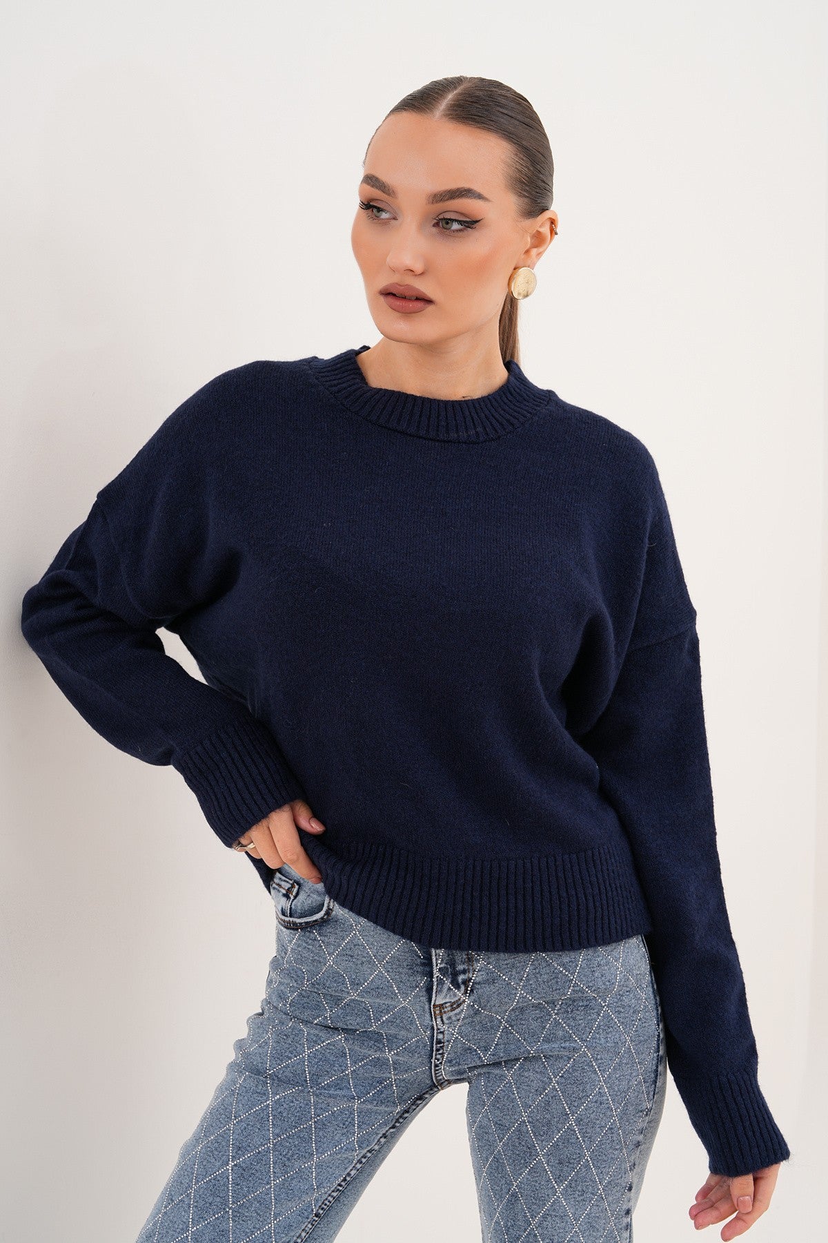 Oversize Bisiklet Yaka Lacivert Kazak