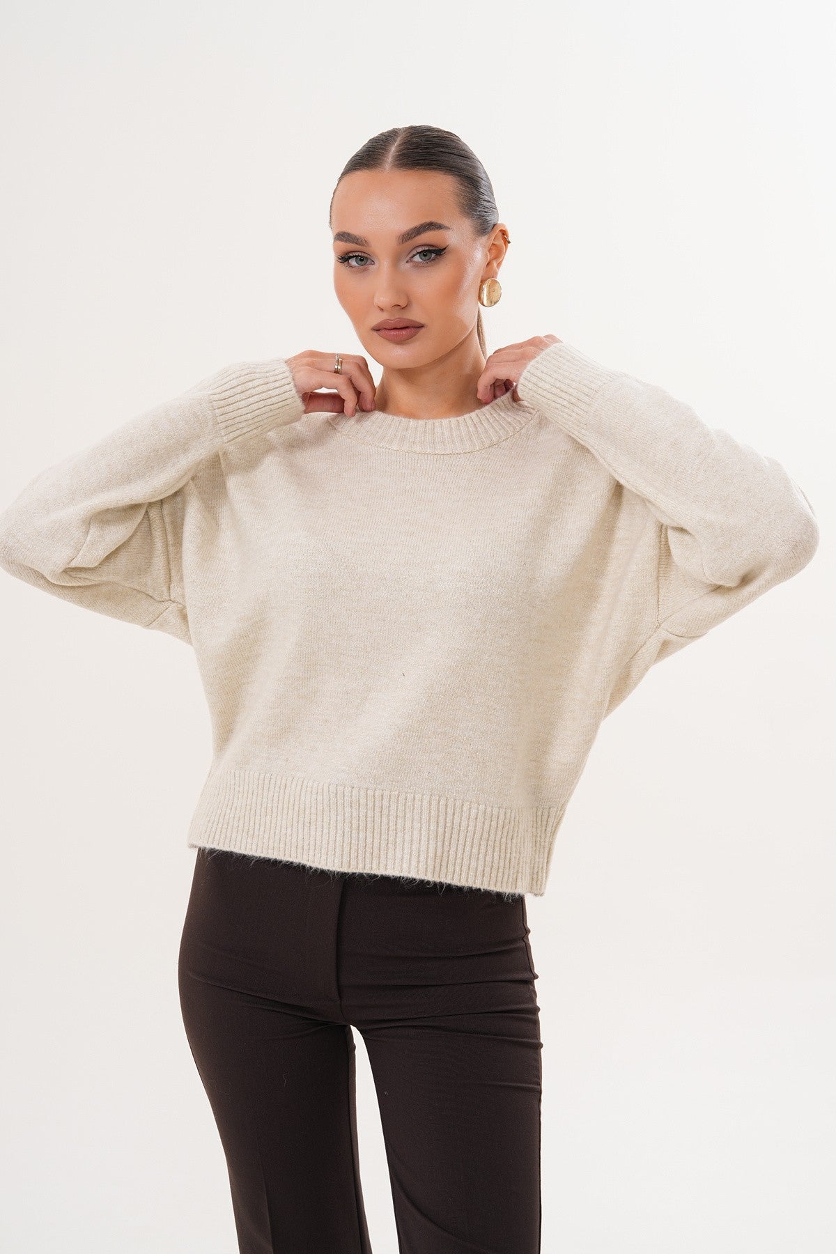 Oversize Bisiklet Yaka Krem Kazak