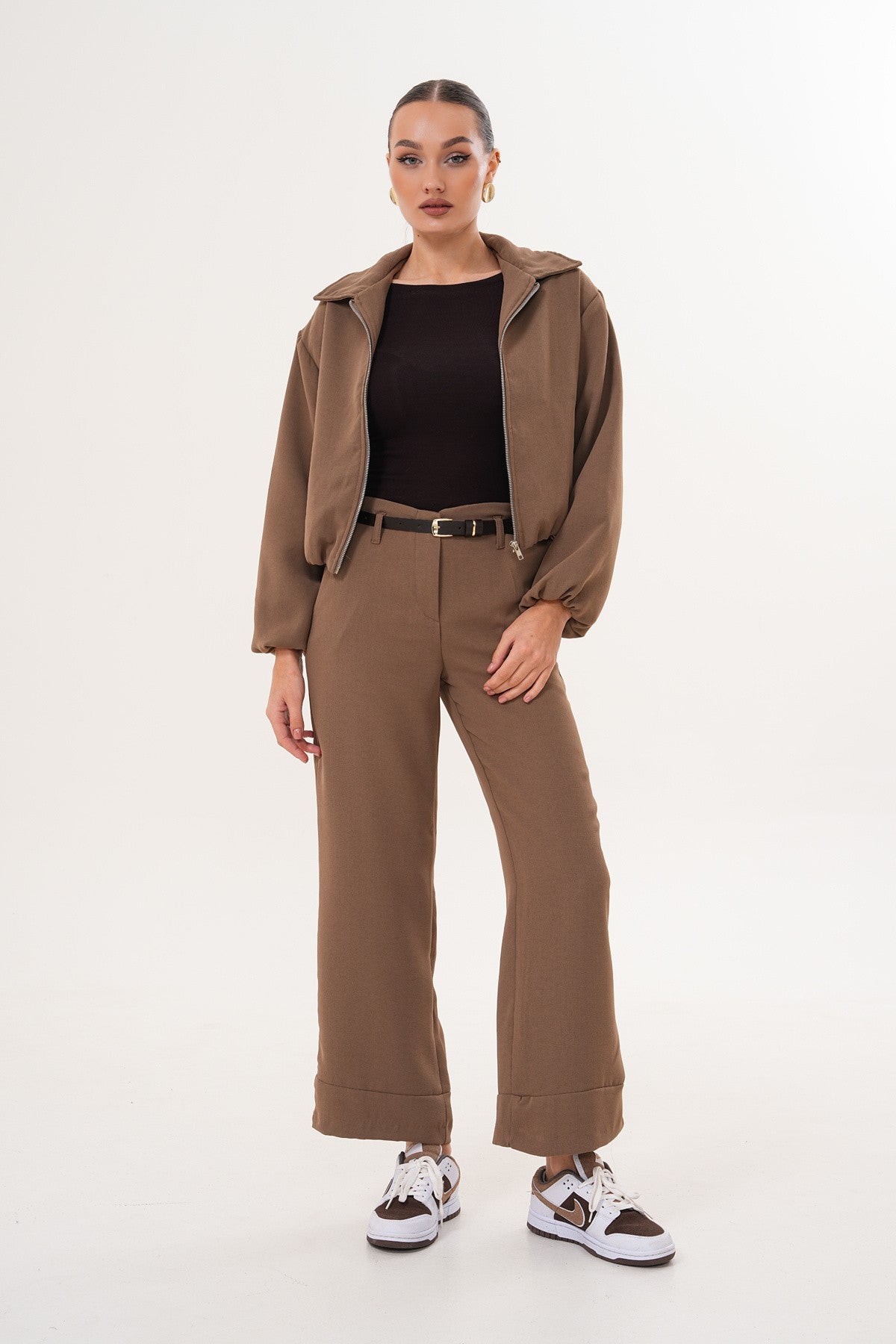 Kahverengi Bomber Ceket İkili Takım