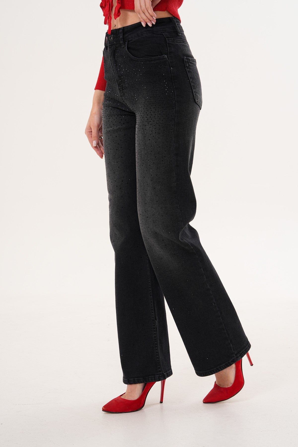 Siyah Taşlı Flare Jean