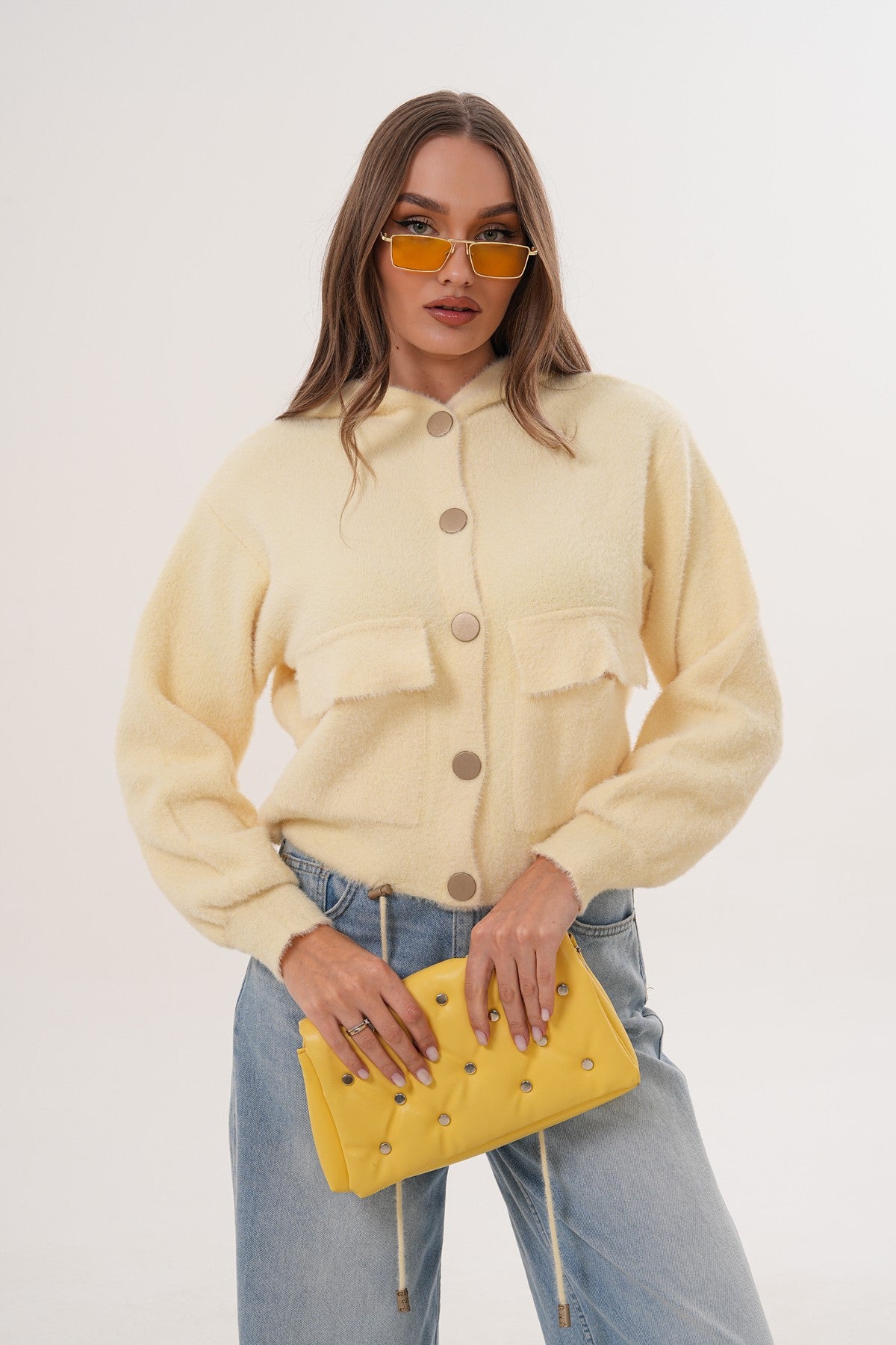 Krem Kapüşonlu Peluş Ceket