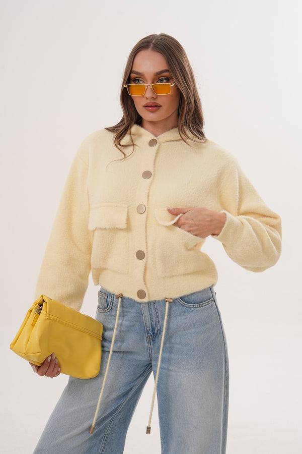 Krem Kapüşonlu Peluş Ceket