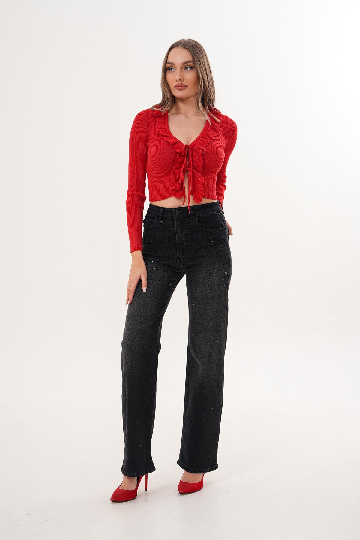 Kırmızı Önden Bağlamalı Crop Triko