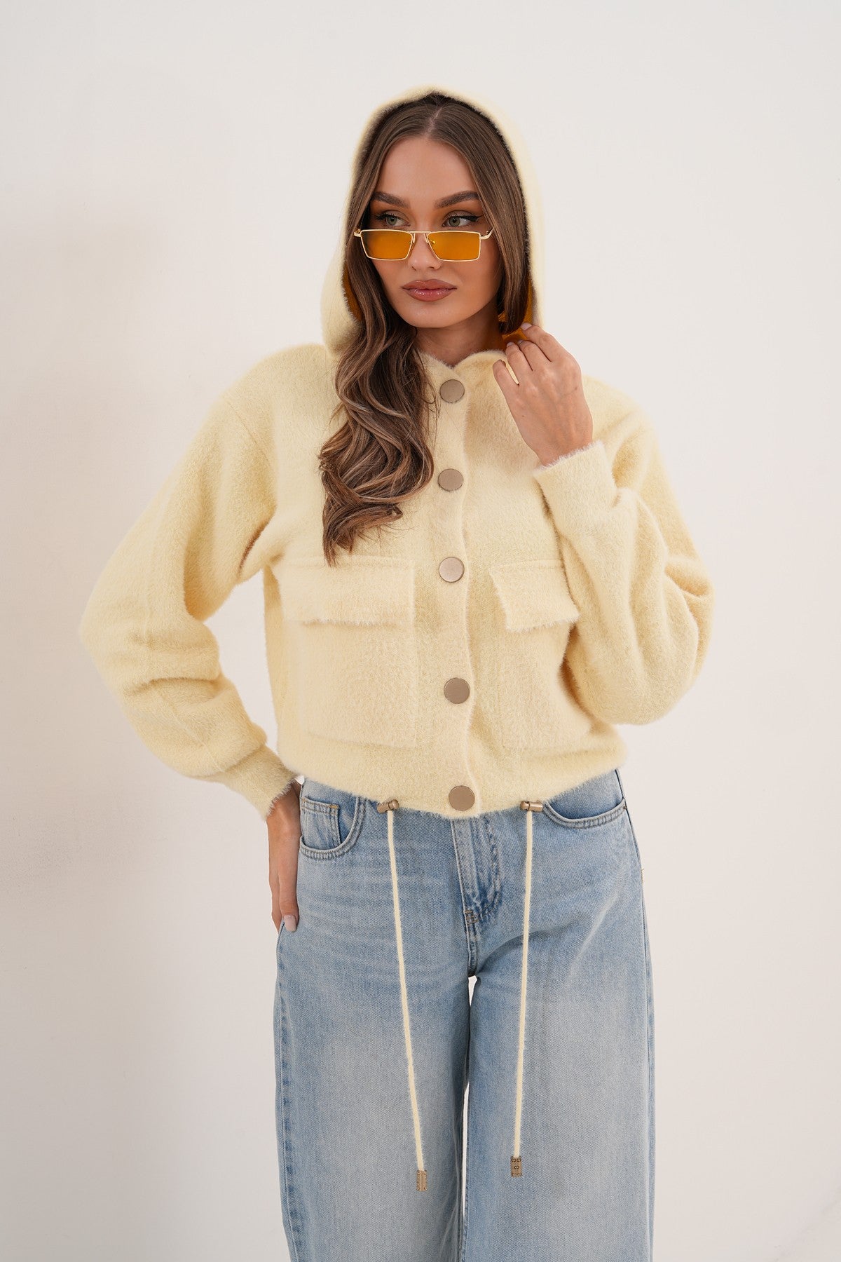 Krem Kapüşonlu Peluş Ceket