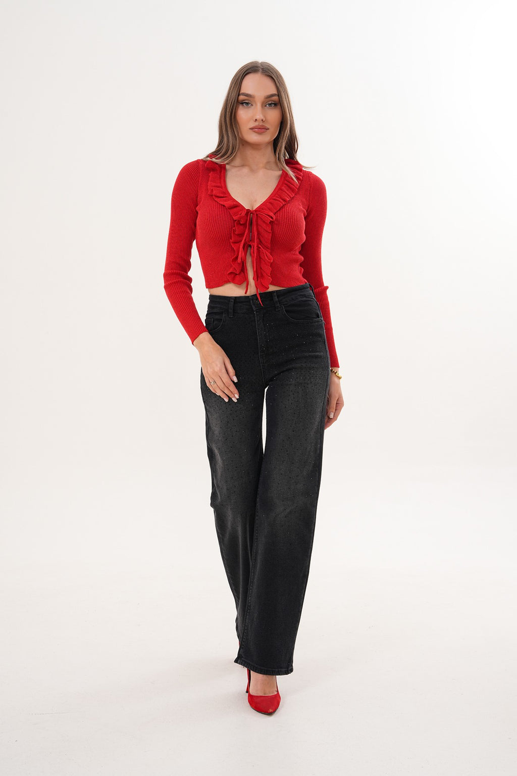 Siyah Taşlı Flare Jean