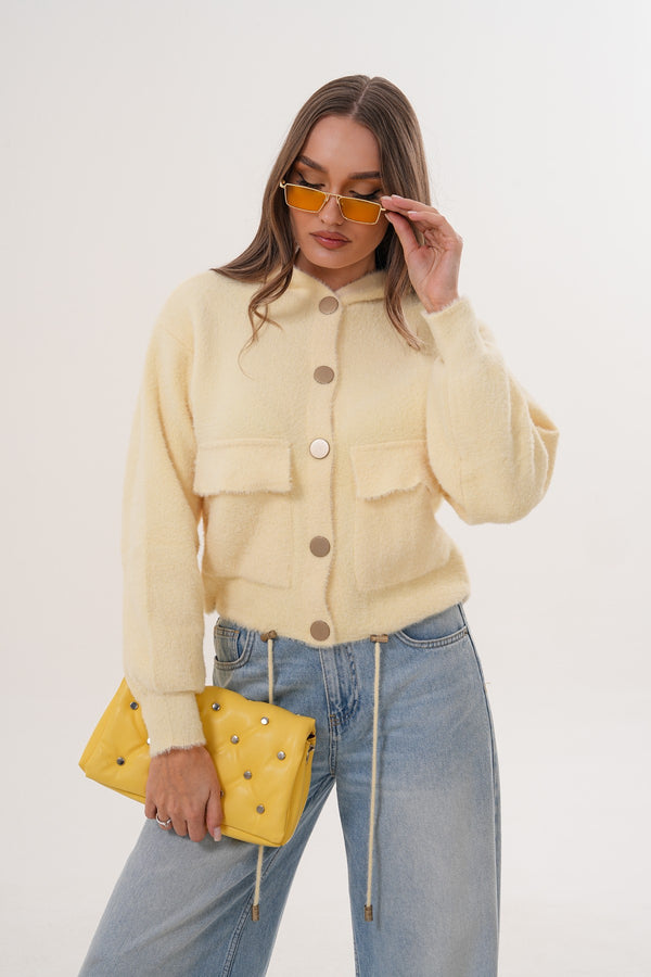 Krem Kapüşonlu Peluş Ceket