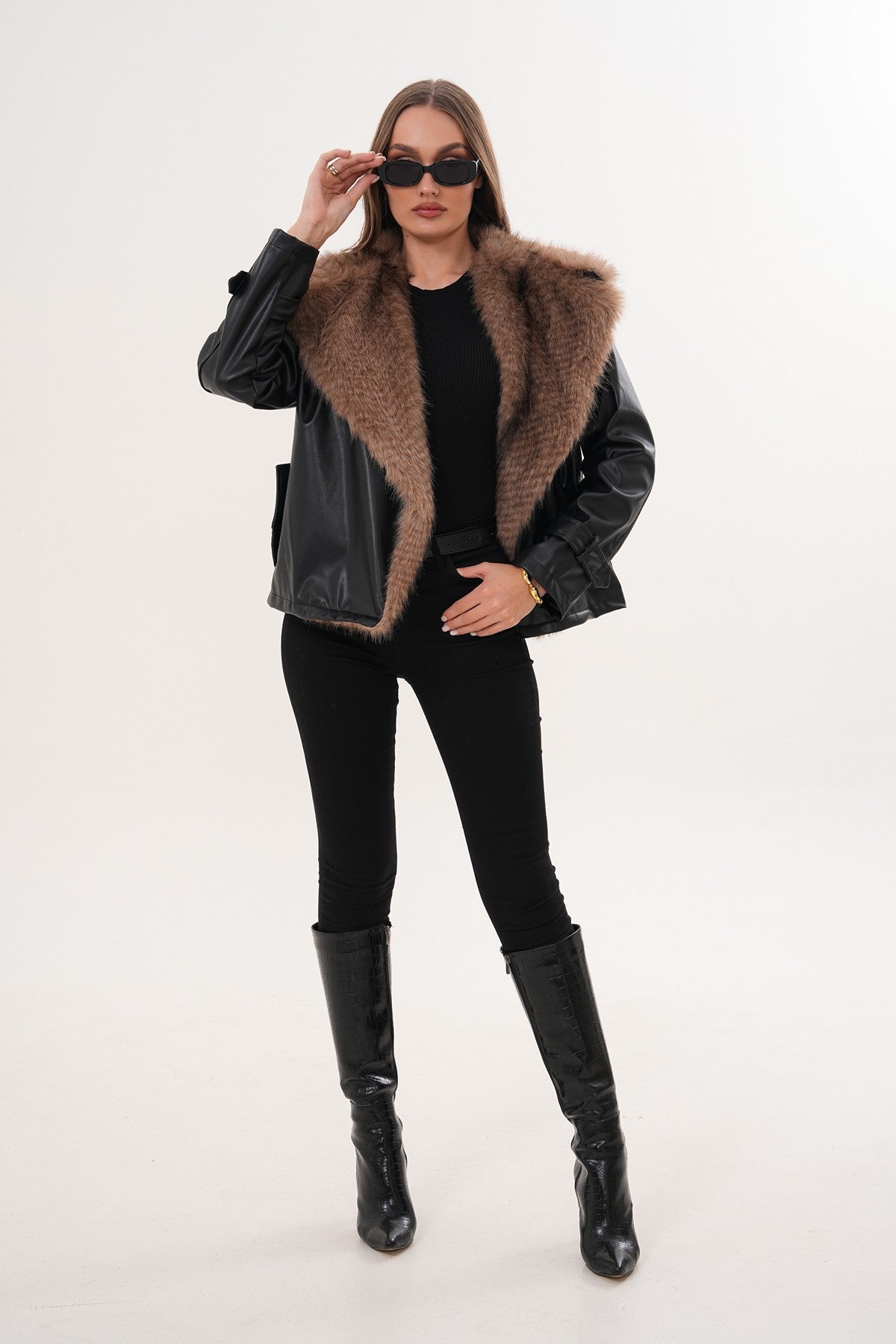 Yaka Kürk Detaylı Deri Ceket