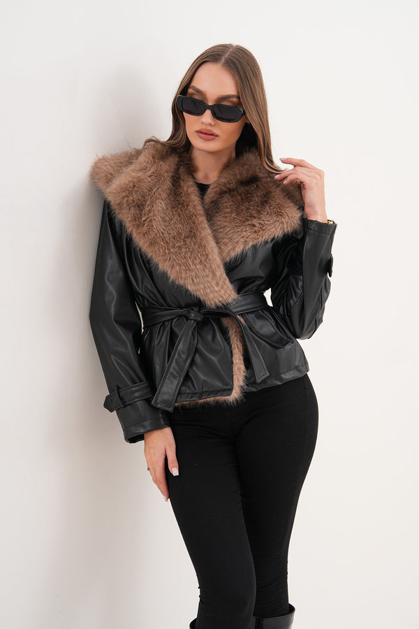 Yaka Kürk Detaylı Deri Ceket