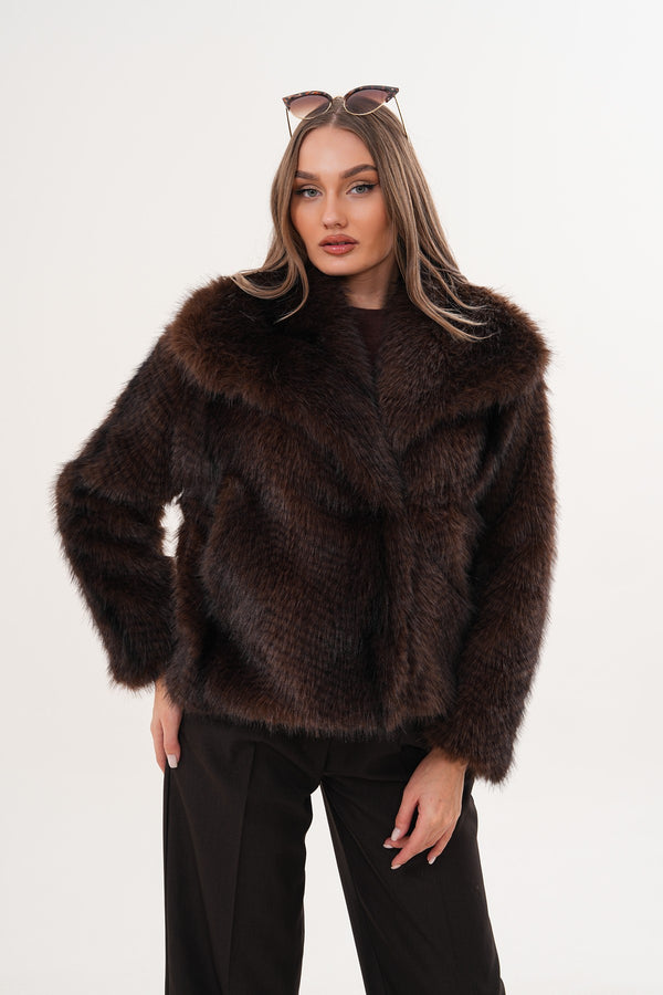 Jakarlı Koyu Kahve Kısa Kürk