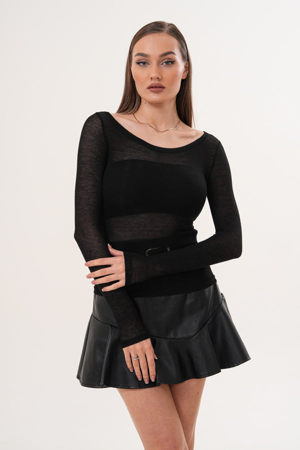 Siyah Transparan Kumaş Uzun Kol Bluz