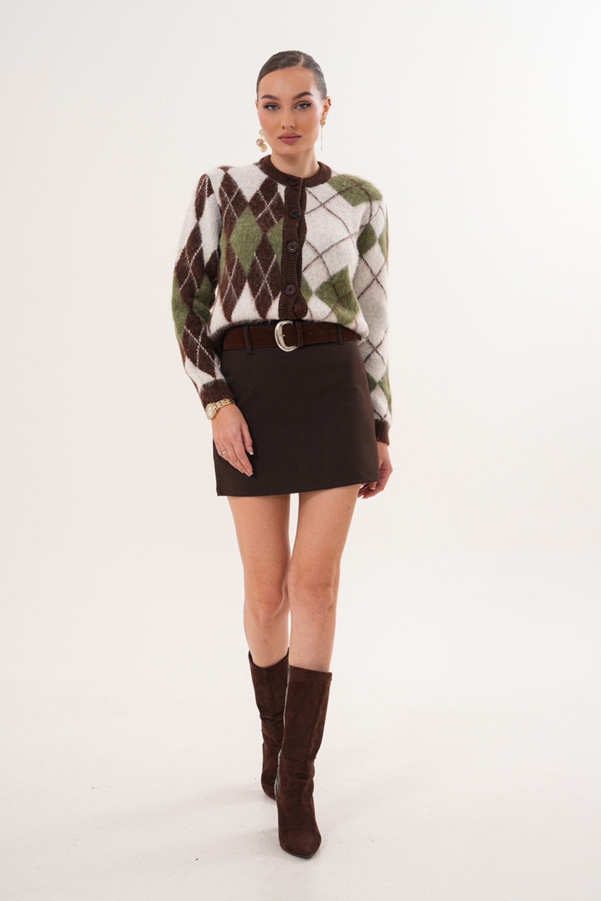 Kemer Detaylı Kahverengi Mini Etek