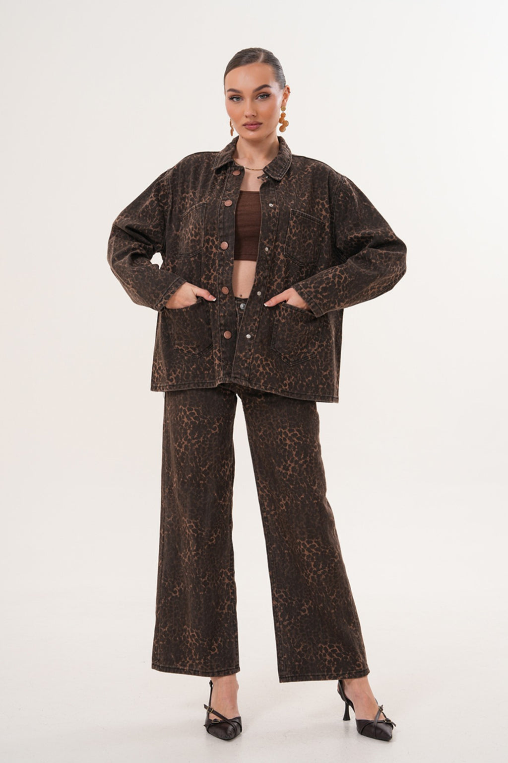 Leopar Desenli Kemerli Denim Takım