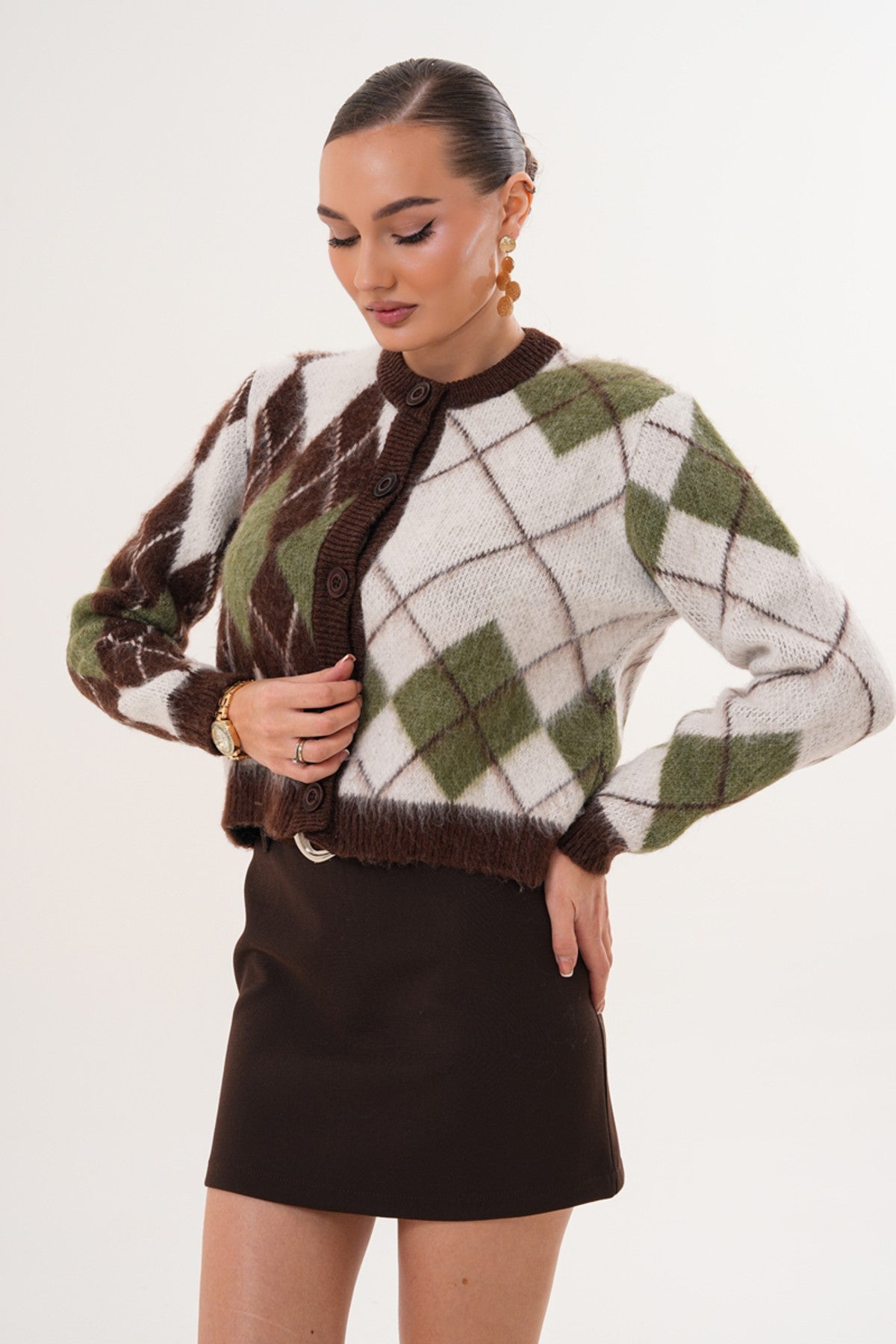 Baklava Desenli Düğmeli Hırka